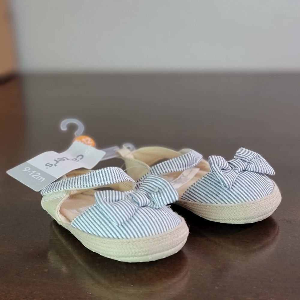 Carter's Little Baby Girl Shoes Espadrilles Blue White Tan New Size 9 - 12 Month - Picture 1 of 5